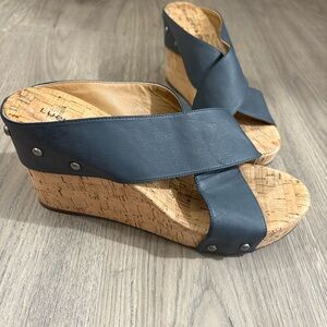 Lucky Brand MyKayla Wedge Cork Platform Studded Heel Sandal Black Sz 8.5 Boho